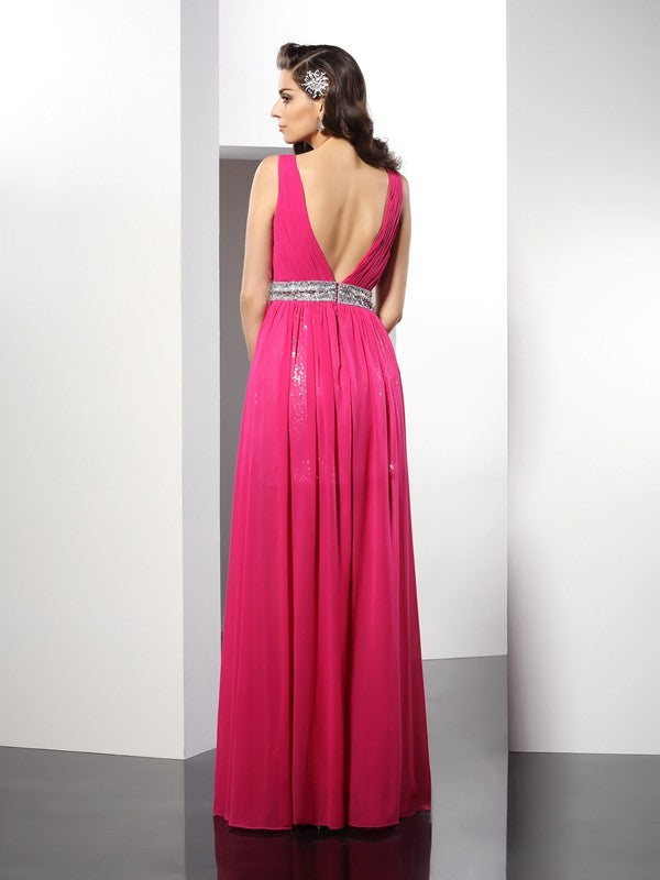 Pink Chiffon V-Neck A-Line Floor-Length Evening Dress