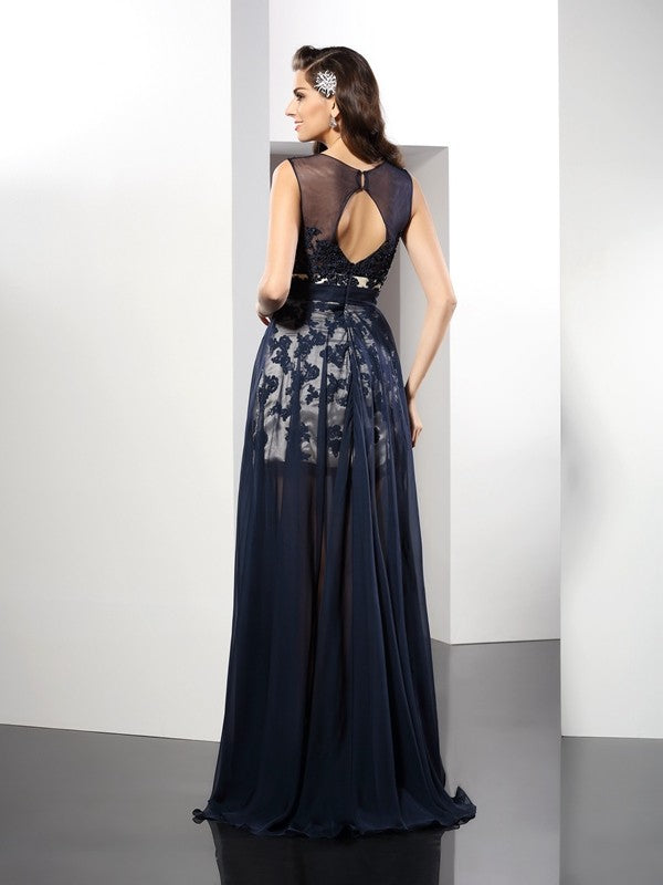 Dark Navy Chiffon & Lace A-Line Floor-Length Evening Dress with Illusion Neckline
