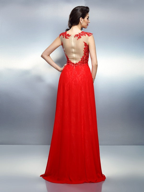Red Chiffon A-Line Floor-Length Evening Dress with Lace Illusion Neckline and Front Split Skirt