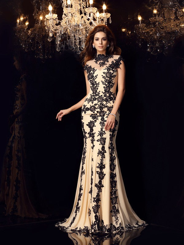 Champagne Chiffon Mermaid Floor-Length Dress with Illusion High Neck and Full Lace Applique