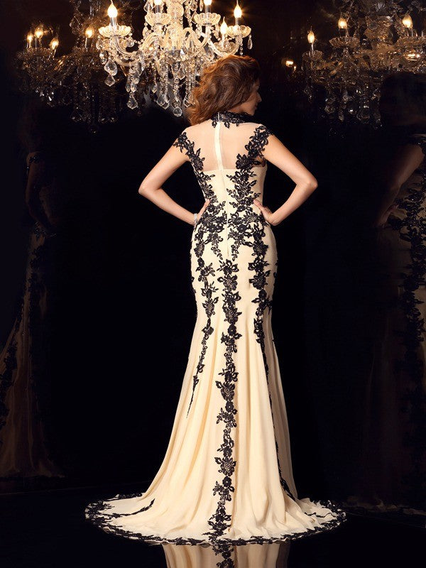Champagne Chiffon Mermaid Floor-Length Dress with Illusion High Neck and Full Lace Applique
