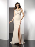 Champagne Chiffon Sheath/column V-Neck Floor-Length Dress with Embellished Cold-Shoulder & High Slit