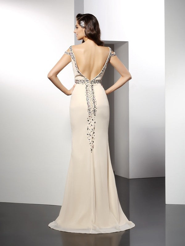 Champagne Chiffon Sheath/column V-Neck Floor-Length Dress with Embellished Cold-Shoulder & High Slit