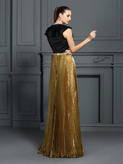 Black and Gold A-Line Floor-Length Evening Dress with Ruffled V-Neck Bodice