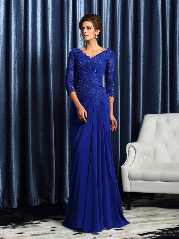 Royal Blue Chiffon A-Line Floor-Length Evening Dress with Embellished Lace Bodice, Draped Waist, V-Neck & Back Zip