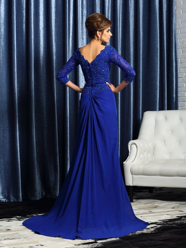 Royal Blue Chiffon A-Line Floor-Length Evening Dress with Embellished Lace Bodice, Draped Waist, V-Neck & Back Zip
