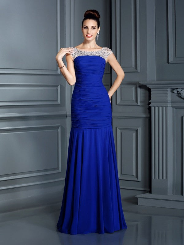 Royal Blue Chiffon A-Line Floor-Length Evening Dress with Embellished Illusion Boat Neckline