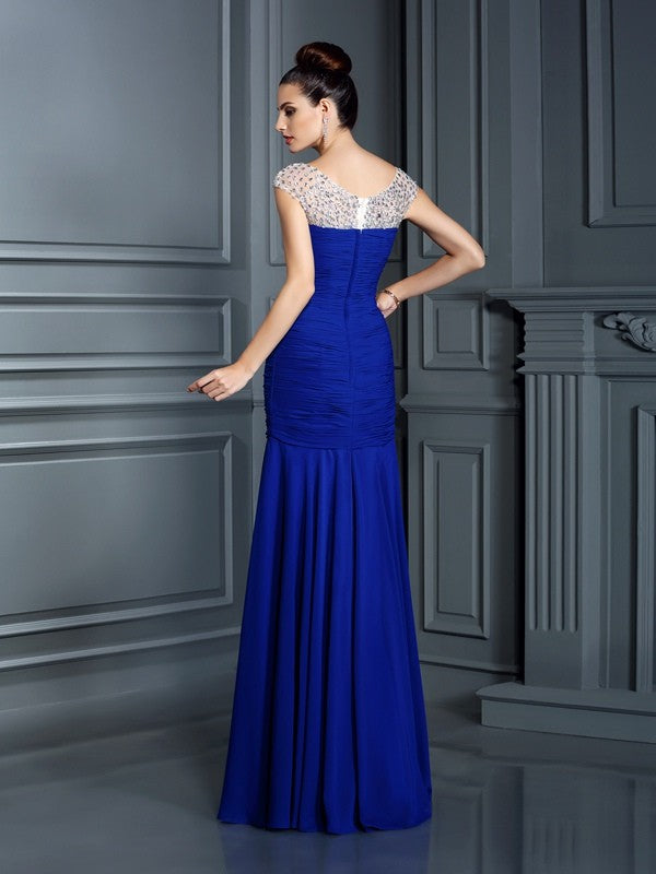 Royal Blue Chiffon A-Line Floor-Length Evening Dress with Embellished Illusion Boat Neckline