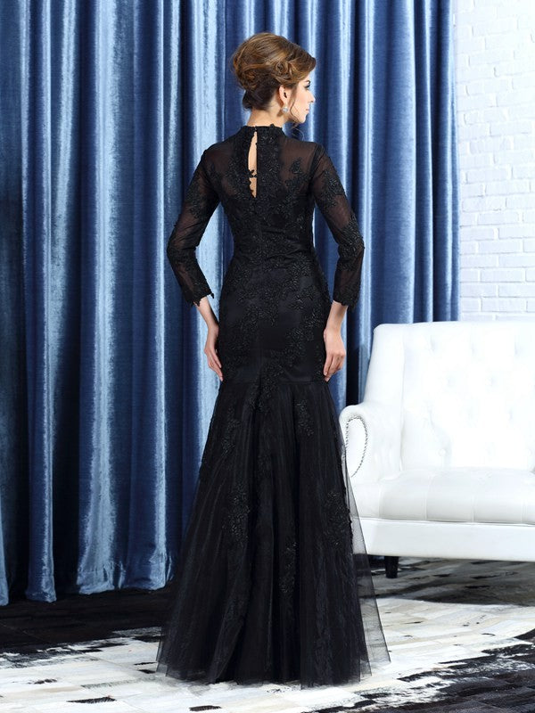 Black Lace Mermaid Floor-Length Evening Dress with Illusion Long Sleeves