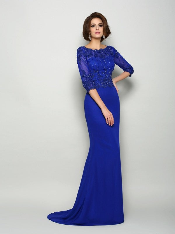 Vestidos largos de gasa para madre de la novia, corte trompeta/sirena, escote redondo, mangas 3/4 y abalorios