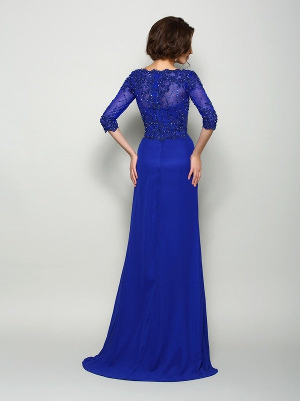 Vestidos largos de gasa para madre de la novia, corte trompeta/sirena, escote redondo, mangas 3/4 y abalorios