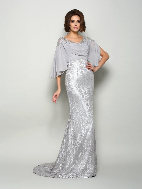 Vestidos largos de gasa para madre de la novia, corte trompeta/sirena, con encaje redondo y mangas 1/2