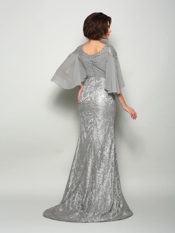 Vestidos largos de gasa para madre de la novia, corte trompeta/sirena, con encaje redondo y mangas 1/2