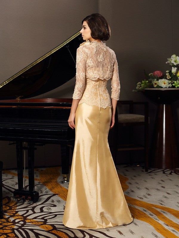 Vestidos de madre de la novia de tafetán largo sin mangas con encaje y escote corazón de trompeta/sirena