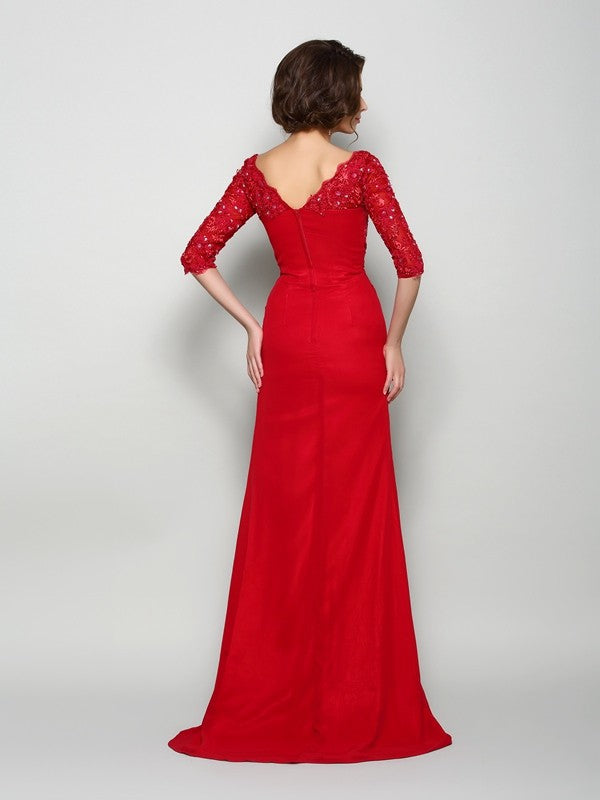 Vestidos largos de gasa para madre de la novia, corte A/princesa, escote en V, abalorios, mangas 1/2 y apliques