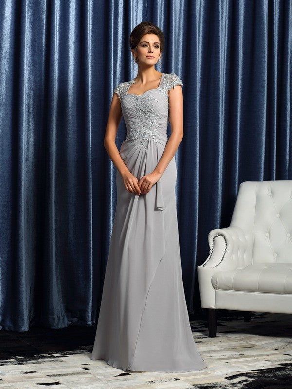 Grey Chiffon A-Line Floor-Length Evening Dress with Embellished Square Neck