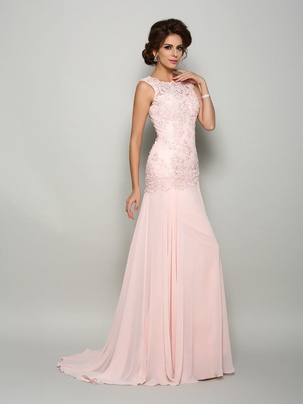 Blushing Pink A-Line Chiffon Floor-Length Gown with Lace Bodice
