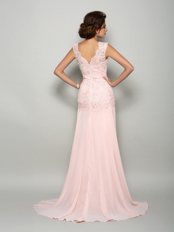 Blushing Pink A-Line Chiffon Floor-Length Gown with Lace Bodice
