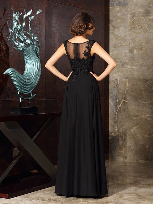 Black Beaded Illusion Neckline A-Line Chiffon Floor-Length Evening Dress