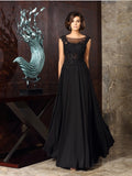 Black Beaded Illusion Neckline A-Line Chiffon Floor-Length Evening Dress