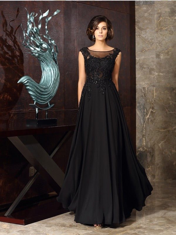 Black Beaded Illusion Neckline A-Line Chiffon Floor-Length Evening Dress