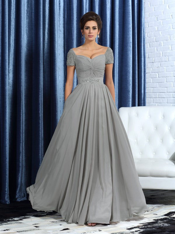 Vestidos de gasa largos para madre de la novia, corte A/princesa, escote corazón, mangas cortas y pedrería