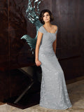 Grey Lace Off-the-Shoulder Sheath/Column Floor-Length Evening Dress with Draped Bodice