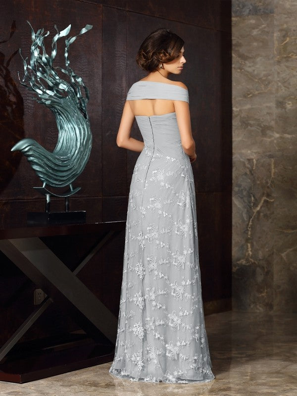 Grey Lace Off-the-Shoulder Sheath/Column Floor-Length Evening Dress with Draped Bodice
