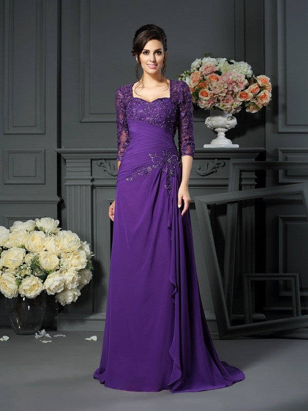 Plum Lace Square Neck A-Line Floor-Length Evening Dress