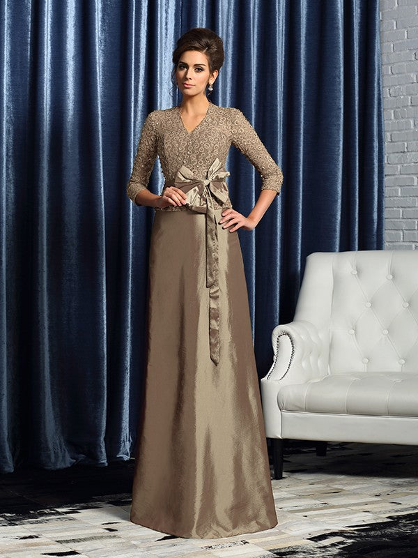 Vestidos largos de tafetán para madre de la novia, corte A/princesa, escote en V, lazo, mangas 3/4
