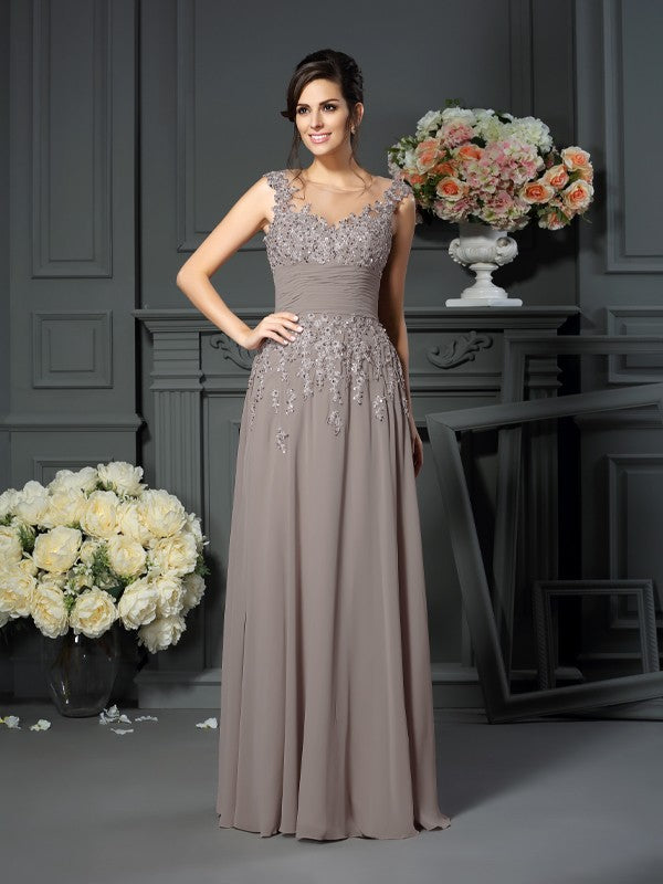 Mocha Chiffon A-Line Floor-Length Bridesmaid Dress with Beaded Illusion Neck