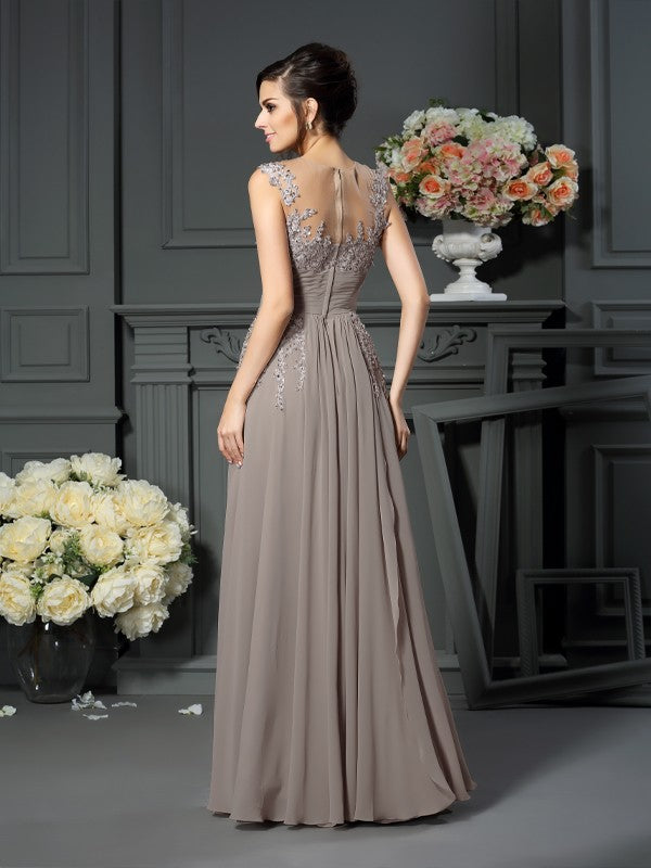 Mocha Chiffon A-Line Floor-Length Bridesmaid Dress with Beaded Illusion Neck