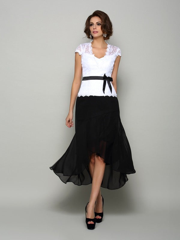 Abiti da sposa in chiffon a trapezio/principessa, scollo a V, fascia/nastro/cintura, senza maniche, asimmetrici