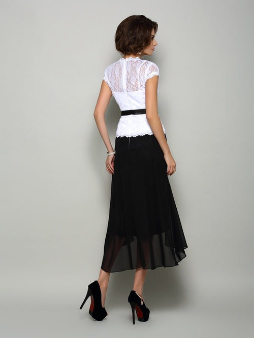 Black and White Lace V-Neck Asymmetrical Evening Dress