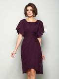 Plum Chiffon A-Line Knee-Length with Square Neck & Ruched Bodice for Bridesmaids