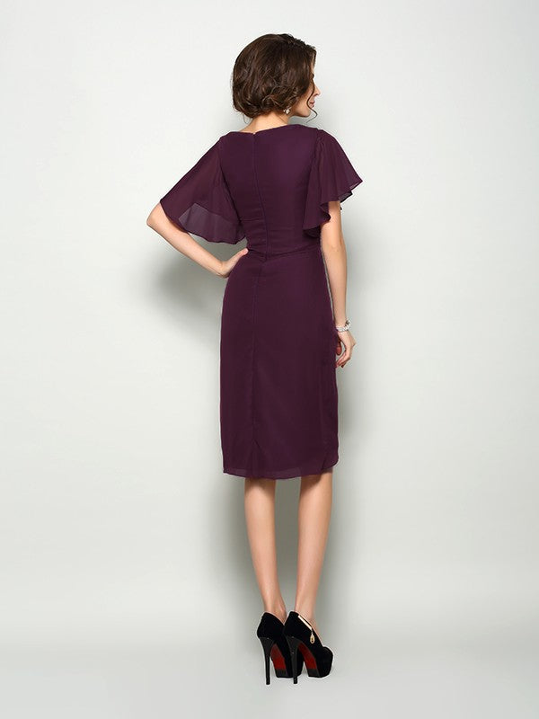 Plum Chiffon A-Line Knee-Length with Square Neck & Ruched Bodice for Bridesmaids