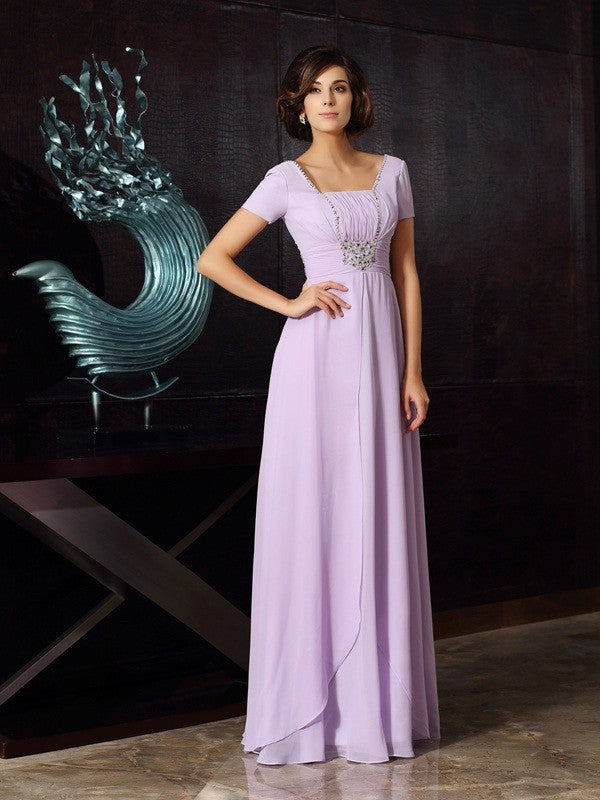 Lavender Chiffon A-Line Floor-Length Square Neck Evening Dress with Ruched Bodice & Rhinestone Embellishment
