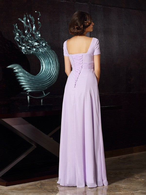 Lavender Chiffon A-Line Floor-Length Square Neck Evening Dress with Ruched Bodice & Rhinestone Embellishment