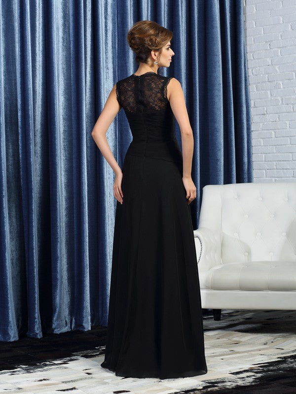 Vestidos de madre de la novia de gasa larga sin mangas con flores hechas a mano y tirantes princesa/corte A