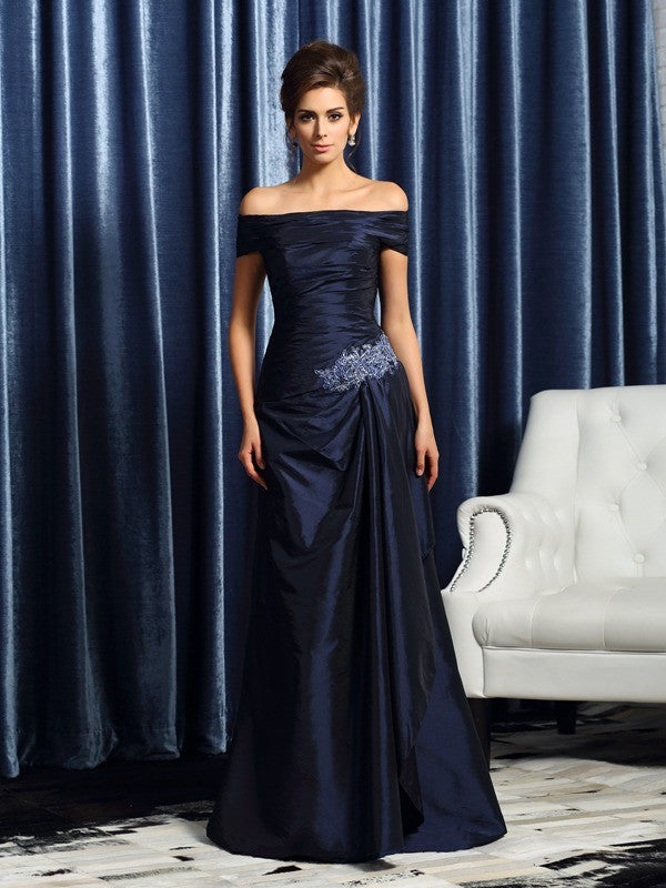 Dark Navy Taffeta A-Line Off-the-Shoulder Floor-Length Evening Dress with Ruched Bodice