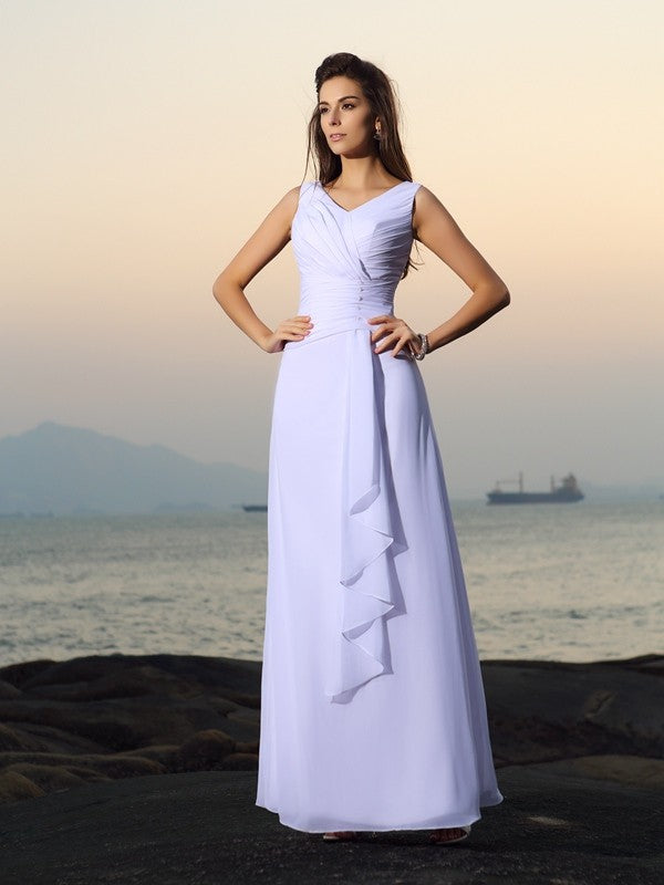 Vestidos de novia largos de gasa para playa, corte A/princesa, escote en V, plisados, sin mangas