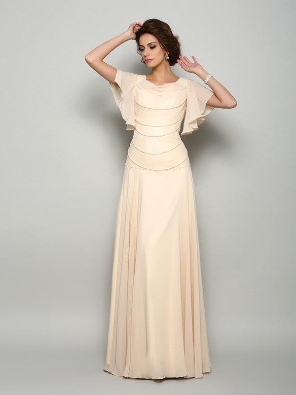 Champagne Chiffon Cowl Neck A-Line Floor-Length Evening Dress