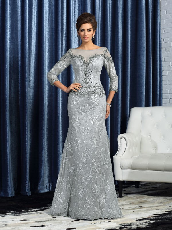 Abiti da sposa lunghi in pizzo con maniche a 3/4, stile sirena/a tromba, con perline e scollo a barca