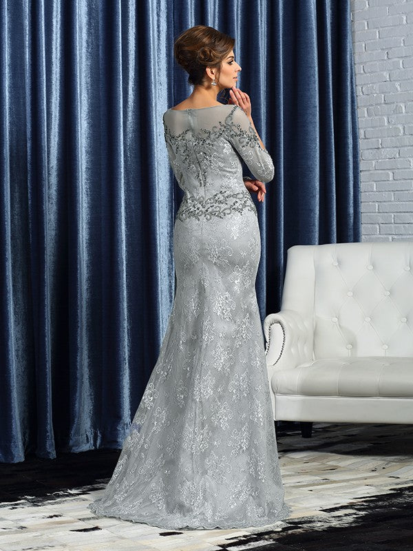 Abiti da sposa lunghi in pizzo con maniche a 3/4, stile sirena/a tromba, con perline e scollo a barca