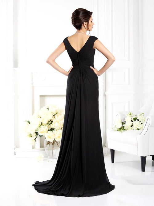 Black Chiffon V-Neck Floor-Length Evening Dress | High Slit Gown