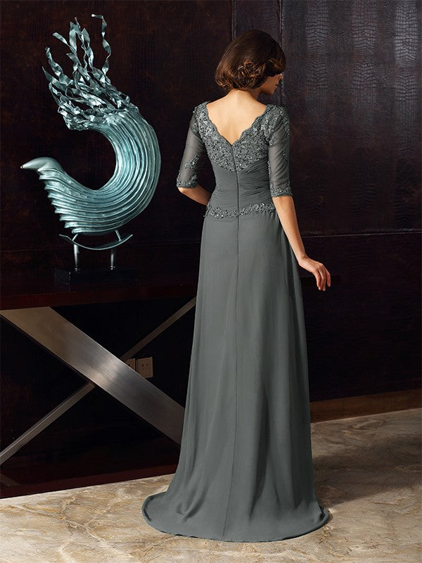 Vestidos largos de gasa para madre de la novia, corte A/princesa, escote redondo, abalorios, mangas 1/2