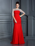 Vestidos largos de gasa con mangas 3/4, corte trompeta/sirena, escote redondo y abalorios
