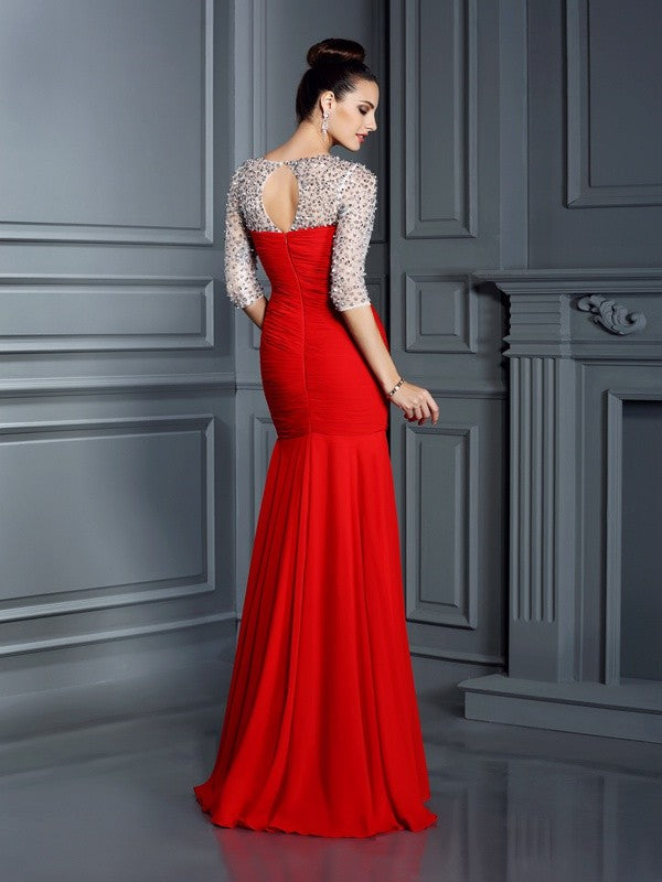 Vestidos largos de gasa con mangas 3/4, corte trompeta/sirena, escote redondo y abalorios