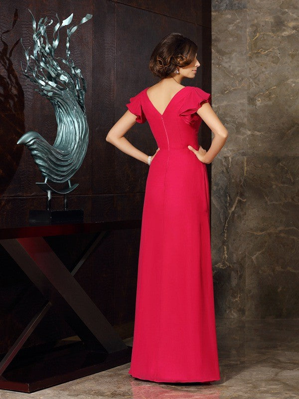 Vestidos largos de gasa para madre de la novia, corte A/princesa, escote en V, fruncido, mangas cortas