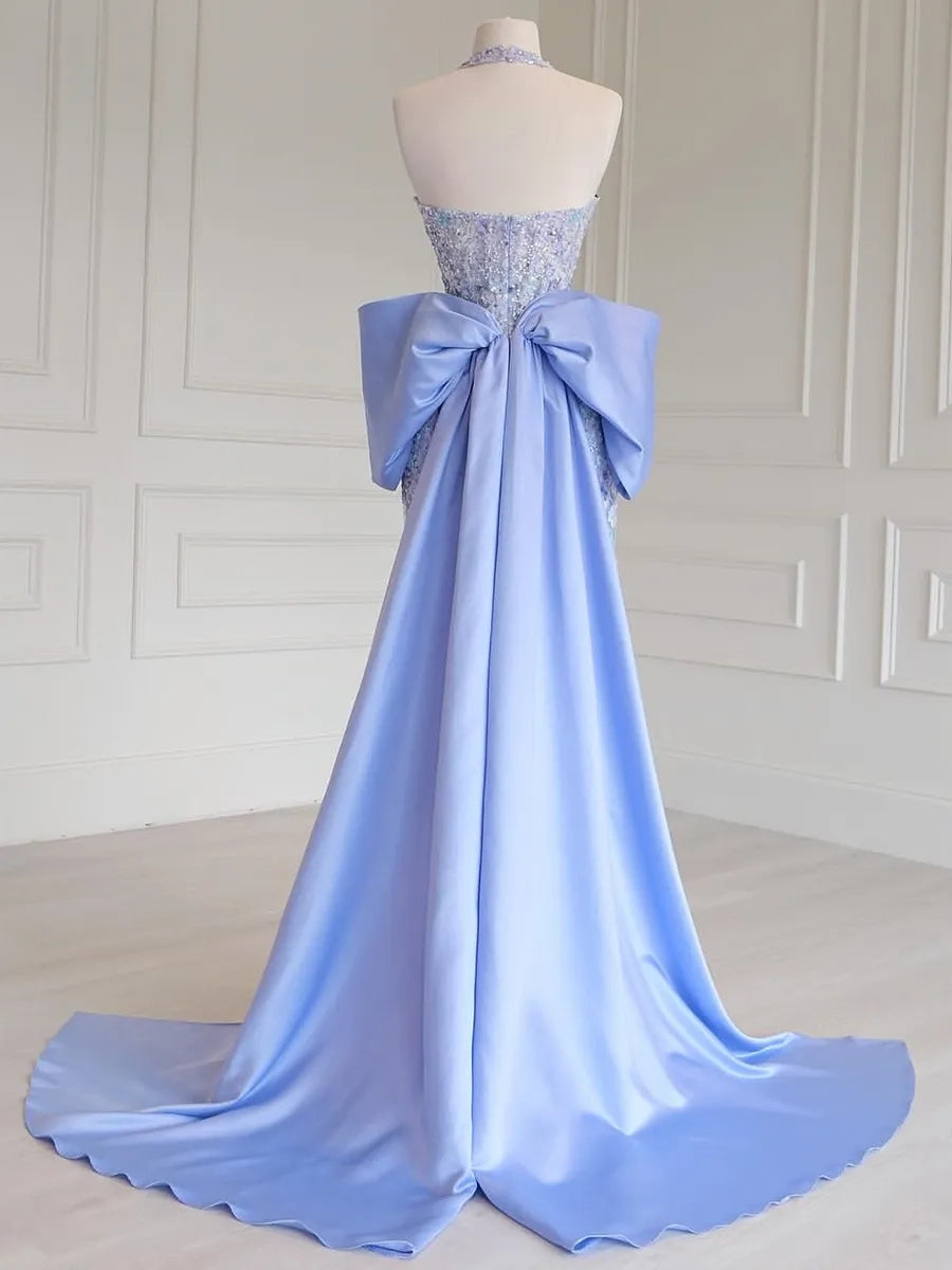 Gorgeous Mermaid Halter Sleeveless Bow Back Blue Long Prom Dress